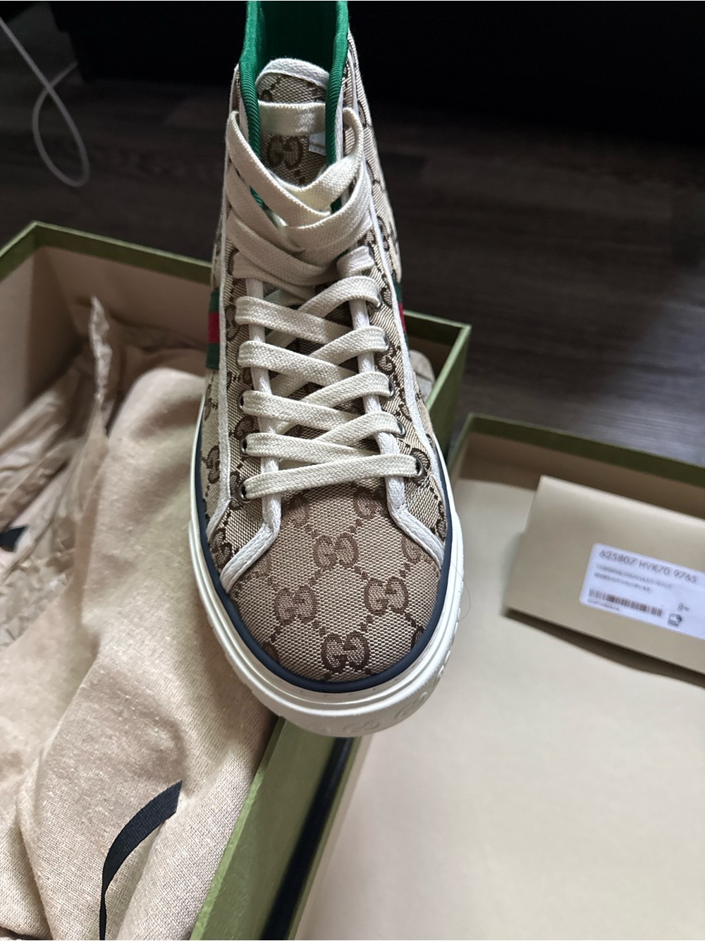 Gucci Beige GG Supreme High-Top Sneaker with Green & Red Web